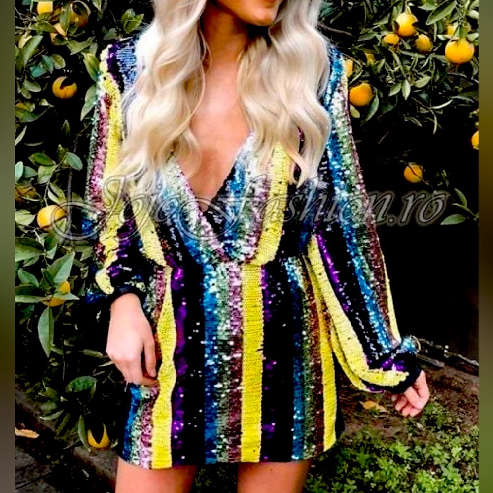 boutique sequin mini dress with beautiful neckline & bright colors. Size medium